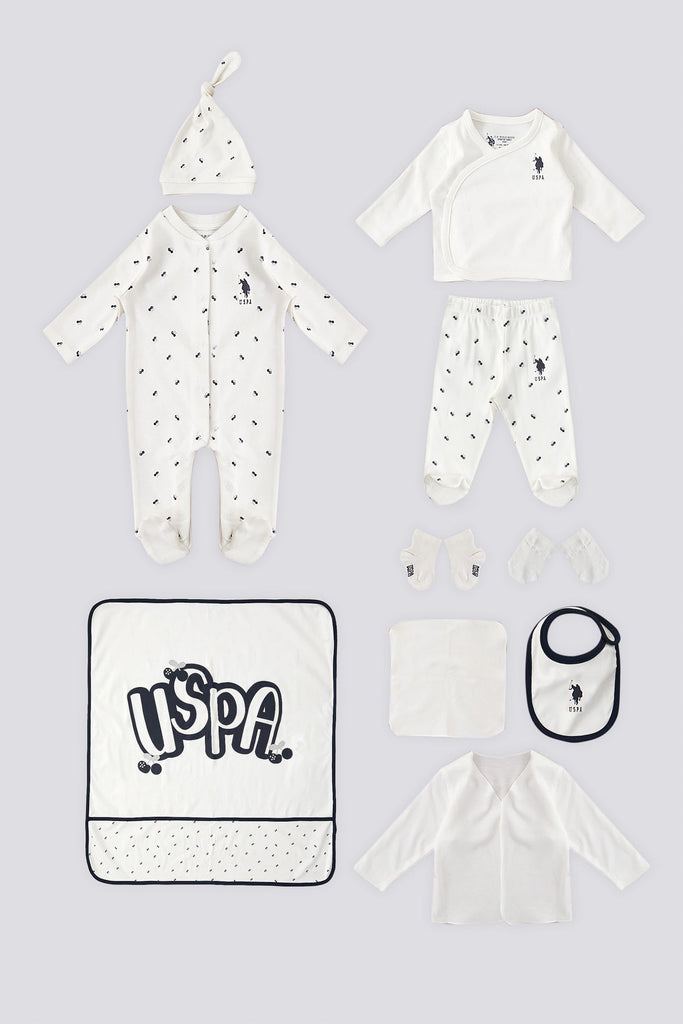 U.S. Polo Assn. bijeli set za bebe s kapicom i uzorcima
